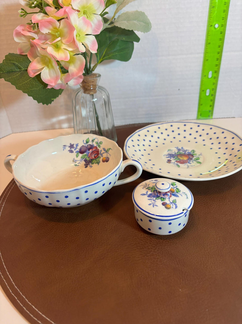 Spode Blue Polka Dot Set: Soup Bowl, Saucer, Mustard Pot - Made in England flower spore