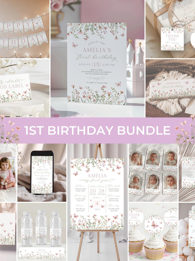 Wildflower 1st Birthday Bundle | Floral Birthday Invitation Pack | Little Wildflower Birthday Decor | Girl Flower Birthday Invite Set | BD8 birthday flower