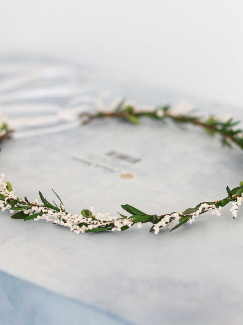 Dried Flower Crown: Green & White Wedding Hair Wreath, Dainty Headband wedding flower