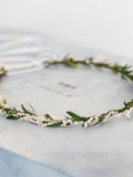 Dried Flower Crown: Green & White Wedding Hair Wreath, Dainty Headband wedding flower