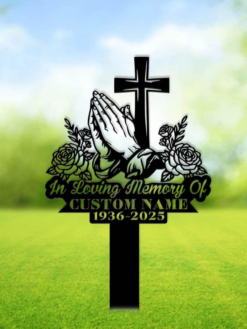 Personalized Cross With Praying Hand Memorial Metal, Floral Cross Memorial Plaque with Stake, Sympathy Sign, Grave Marker, Remembrance Stake sympathy flower