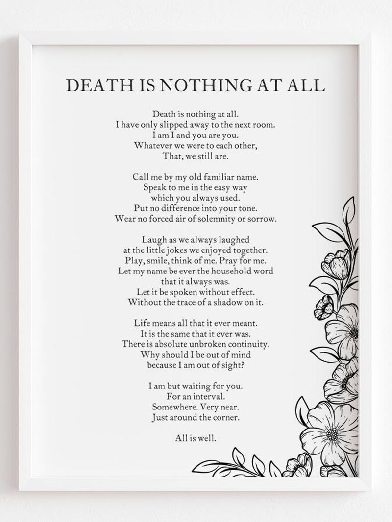 Death is Nothing at All Printable, Digital Download, Funeral Grief Decor, All is Well Memorial Tribute Wall Art, Floral Sympathy Gift sympathy flower
