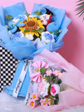 Handmade Crochet Sunflower Bouquet, Blue/Pink Graduation Bear Crochet Bouquet Hypoallergenic Gift for Graduation Birthday Bridesmaids Bouquet