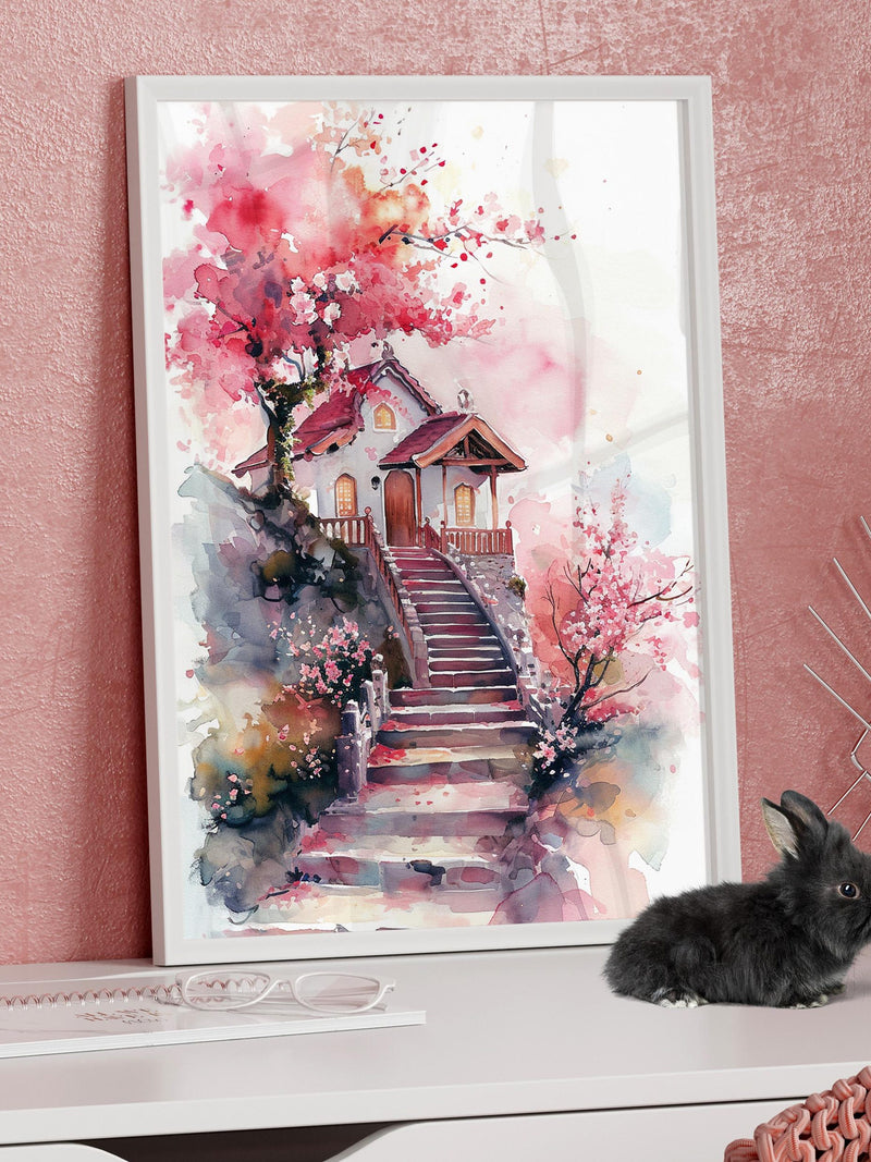 Watercolor Style Botanical Pink House Wall Art or Canvas, Modern Floral Poster, Aesthetic Pink Fancy House Print, Perfect House Warming Gift house warming flower