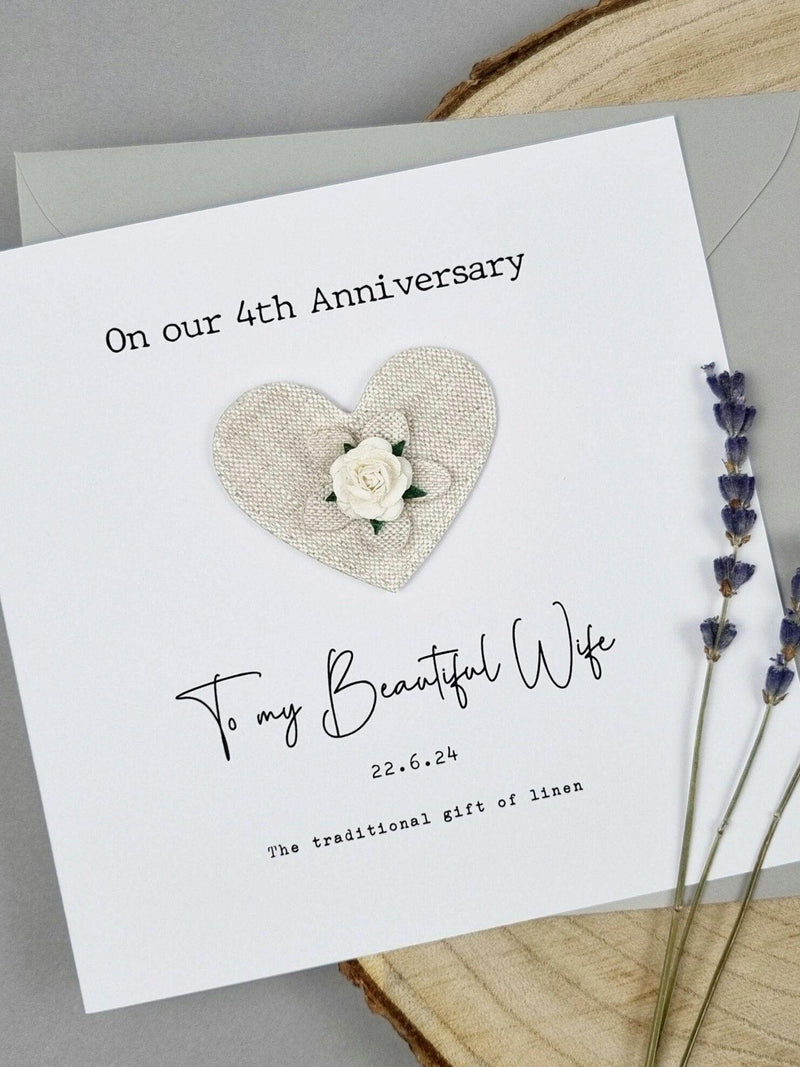 4th anniversary card Linen wedding gift 4th flower card Personalised Wife Husband Couple Him Her 4 year marriage 4th keepsake Handmade card ANNIVERSARY
