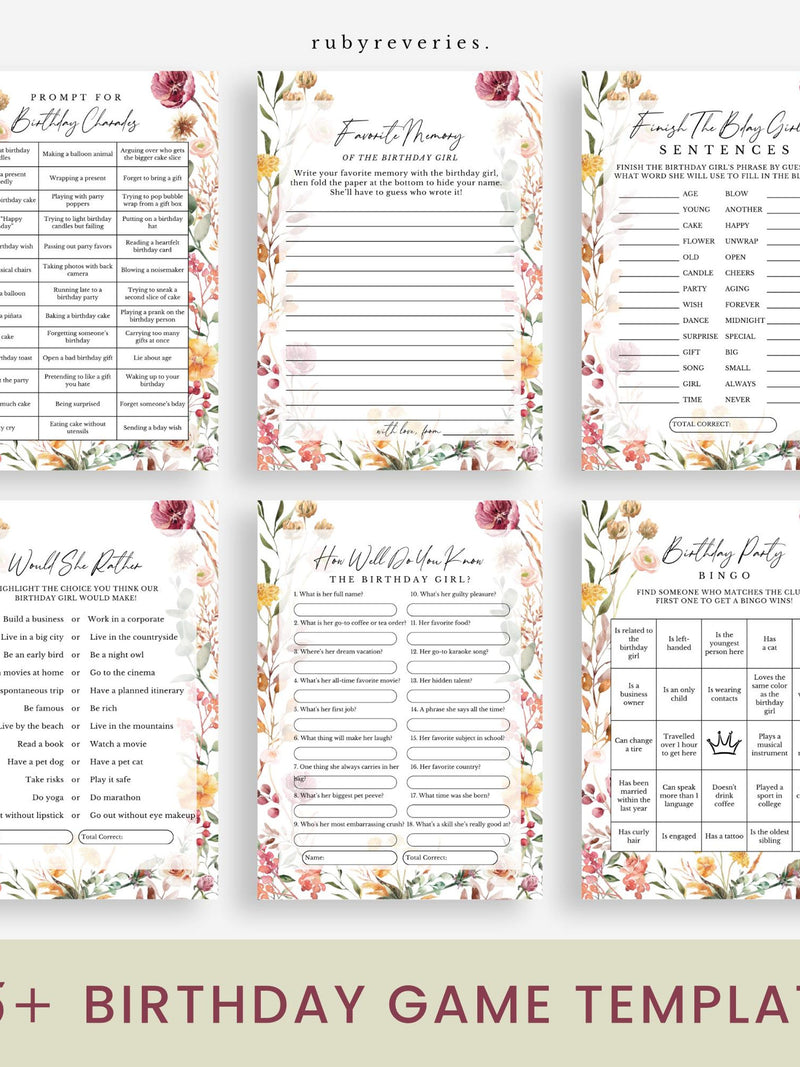 Editable Wildflower Birthday Game Bundle Floral Fun Birthday Games Template Printable, 20th 30th Birthday, Garden Party Game Activity birthday flower