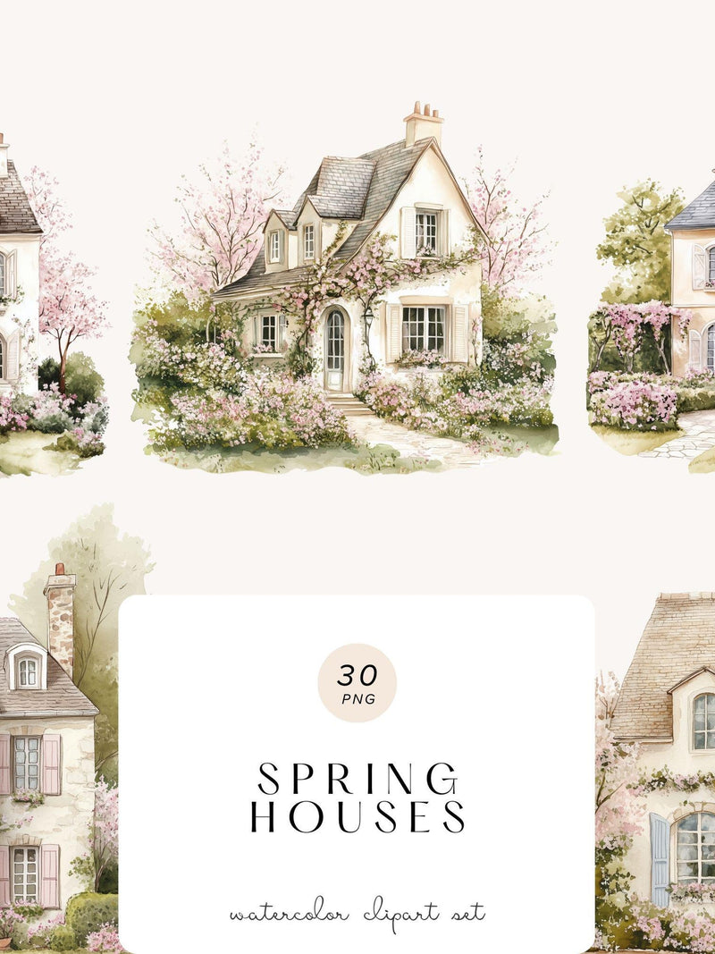 Watercolor Floral House Clipart Ð Cottage Home Art, Digital Download house warming flower