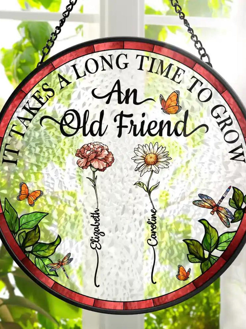 Birth Flower Grow An Old Friend Personalized Custom Stained Glass Window Hanging Suncatcher, Bestie, BFF, Friendship Gift, Custom Gifts 2025 birthday flower