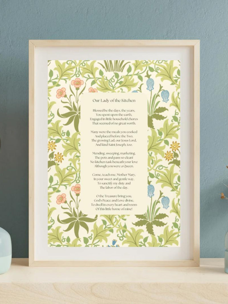 Our Lady of the Kitchen Art Print - Digital file, Scalable, Catholic wall art, Prayer, House warming gift, Floral house warming flower
