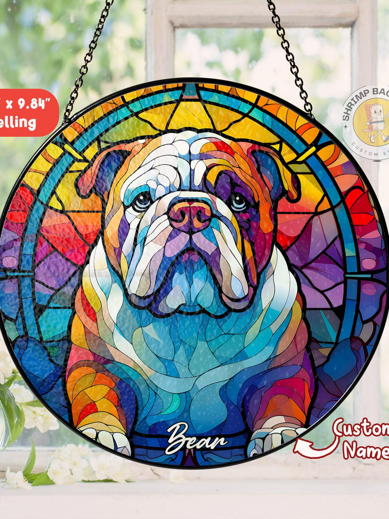 Custom Pet Portrait Glass Suncatcher, Dog Cat Portrait Memorial Stained Glass Suncatcher, Sympathy Gift For Pet Lover, Bulldog Gift, Dog Mom sympathy flower