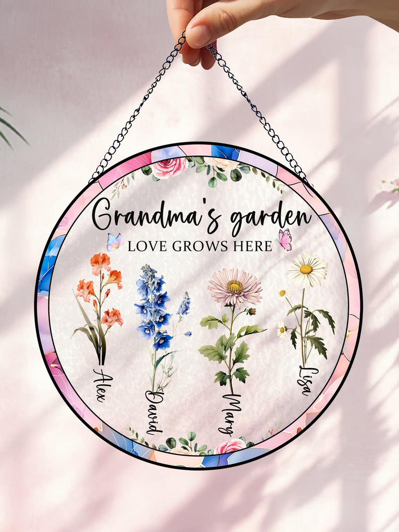 Grandma Garden Suncatcher, Stained Glass Window Hanging, Personalized Floral Gift for Mother Day or Mom,Grandma Gift,Grandmother's Day gift ANNIVERSARY