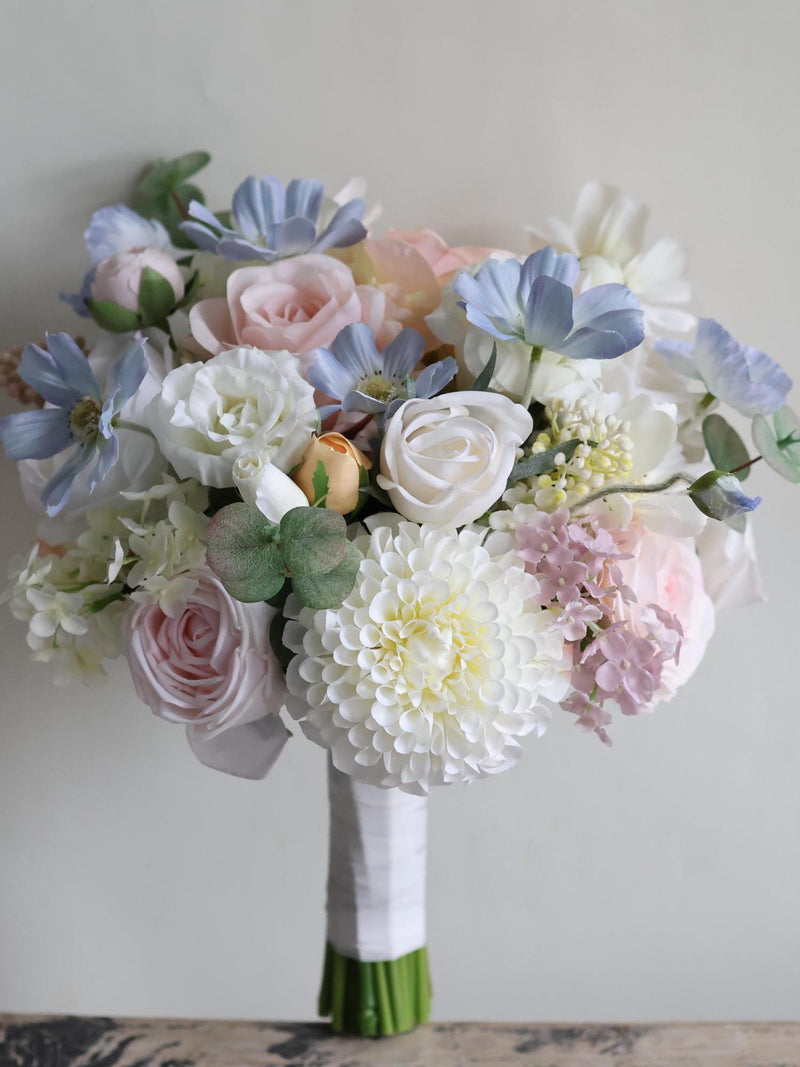 Pastel Blue Pink Peach Wildflowers Bridal Bouquet, Spring Summer Wedding Bouquets, Ranunculus, Rose, Daisies, Lilacs, Real Touch Flowers Bouquet
