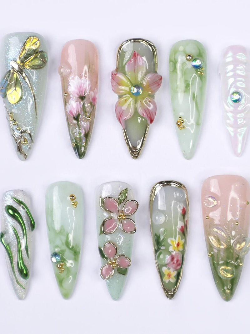 Press On Nails Dragonfly with Pink Flower | 3D Nature Fake Nails in Long Almond | Handmade Spring Nail Art for Holiday, Vacation, Birthday birthday flower