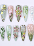 Press On Nails Dragonfly with Pink Flower | 3D Nature Fake Nails in Long Almond | Handmade Spring Nail Art for Holiday, Vacation, Birthday birthday flower