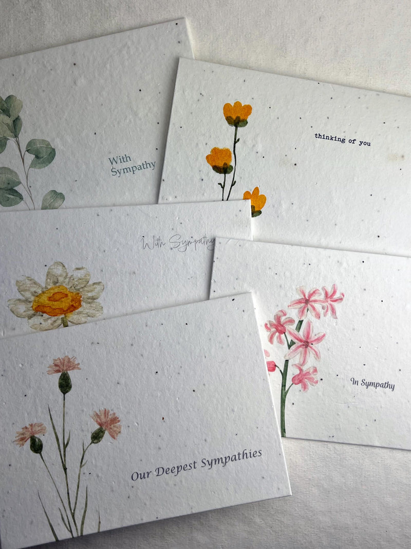 Sympathy Cards - Handmade Wildflower Plantable Seed Paper - Assorted Floral Art - Blank Inside - With Recycled Paper Envelopes - Set of 5 sympathy flower