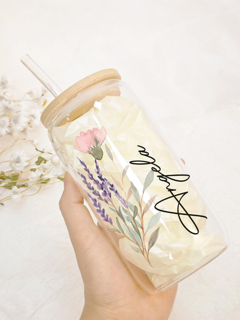 Personalized Birth Flower Tumbler with Name & Bamboo Lid - Glass Coffee Cup (16oz) | Bridesmaid Gift birthday flower
