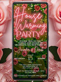 Digital Housewarming Party Invitation, New Home Party, Pink Rose Gold Neon Floral Greenery, Phone Evite, Editable Template, Instant Download house warming flower