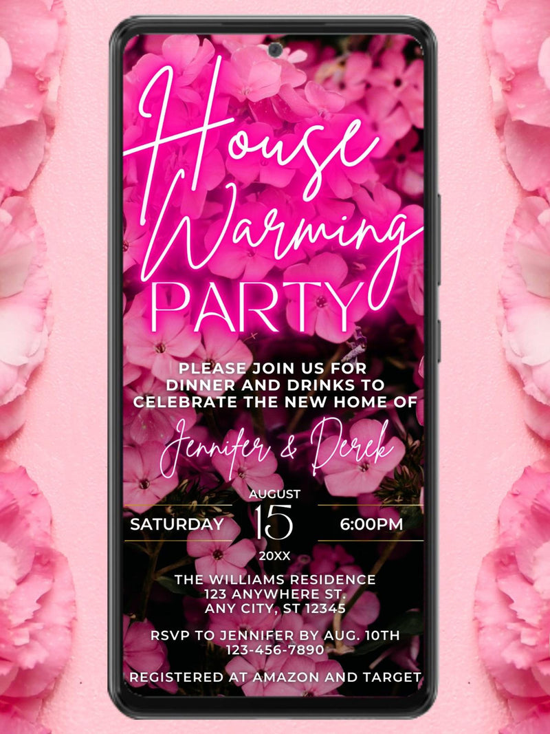 Electronic Housewarming Party Invitation, Digital New Home Invite, Pink Neon Flowers, Editable Template, Phone Text Evite, Instant Download house warming flower