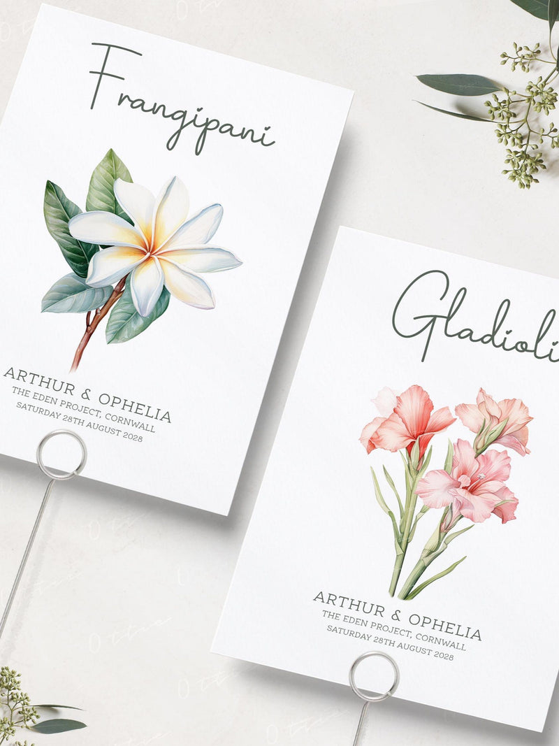 Flower Table Cards, Wedding Cards With Table Names, Flower Themed Wedding, Illustrated Wedding Flowers, Flower Themed Wedding, Botanical wedding flower