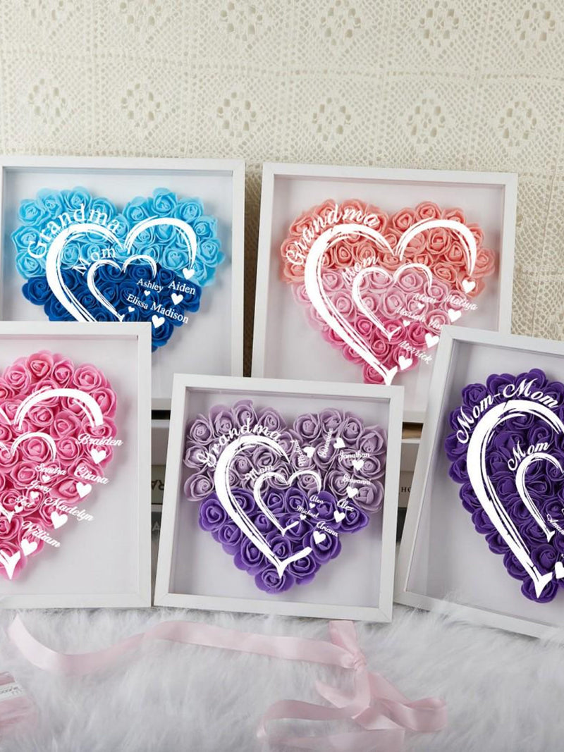 Personalized MOM Flower Shadow Box , With 1-10 Child's Names Heart Rose Frame,Custom Mothers Day Mom Grandma's Rose Flower Shadow Box Frame ANNIVERSARY