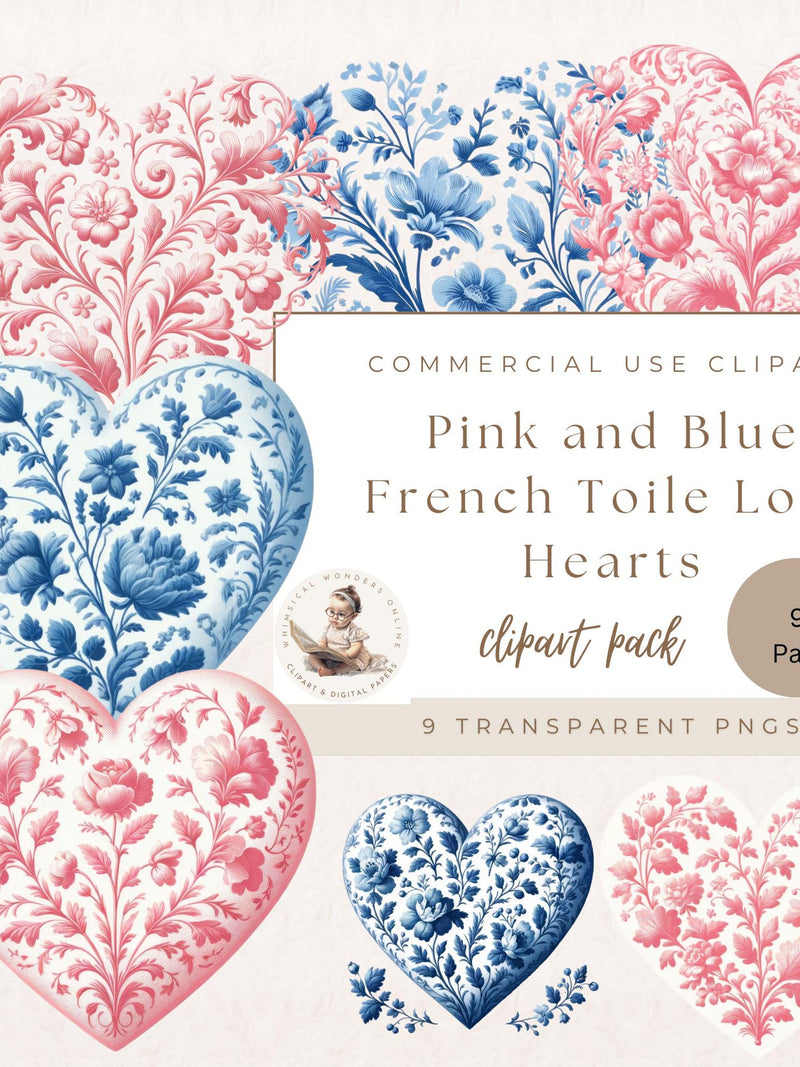Pink and Blue French Toile Love Hearts, Love Hearts Digitals, Love Clipart, Romance Clipart, Commercial Use, Digital Crafts Love Romance Flower
