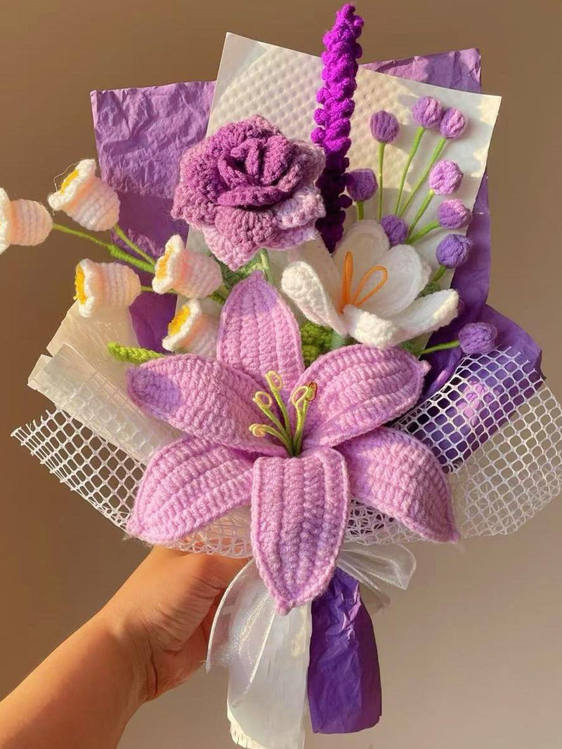 Crochet Rose Lily Bouquet: Handmade Knit Yarn Flowers, Purple & Blue Pink Gift for Her Valentine's day Flower Bouquet Bouquet
