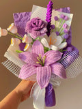 Crochet Rose Lily Bouquet: Handmade Knit Yarn Flowers, Purple & Blue Pink Gift for Her Valentine's day Flower Bouquet ANNIVERSARY