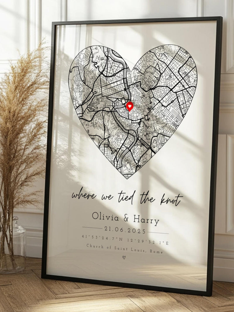 Personalised Wedding Print & Frame Gift | Anniversary Engagement First Date Couple Heart Minimalist Map Home Decor Married Valentines Unique ANNIVERSARY