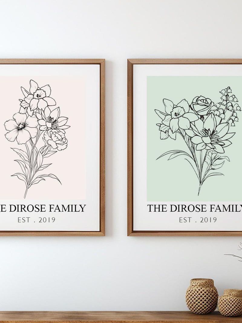 Personalized Birth Flower Bouquet Print,Custom Family Month Bouquet Line Art,Black And White Flower Art,Botanical Print,Mothers Day Gift house warming flower