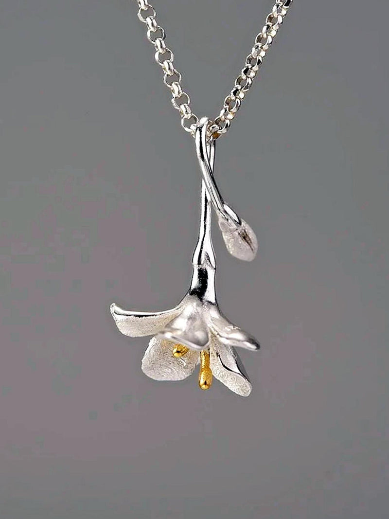 Silver Freesia Iris Flower Pendant with Chain Necklace ¥ 17x12mm Charm ¥ Sterling Silver ¥ Tariff Free Delivery to USA FLOWER DELIVERY