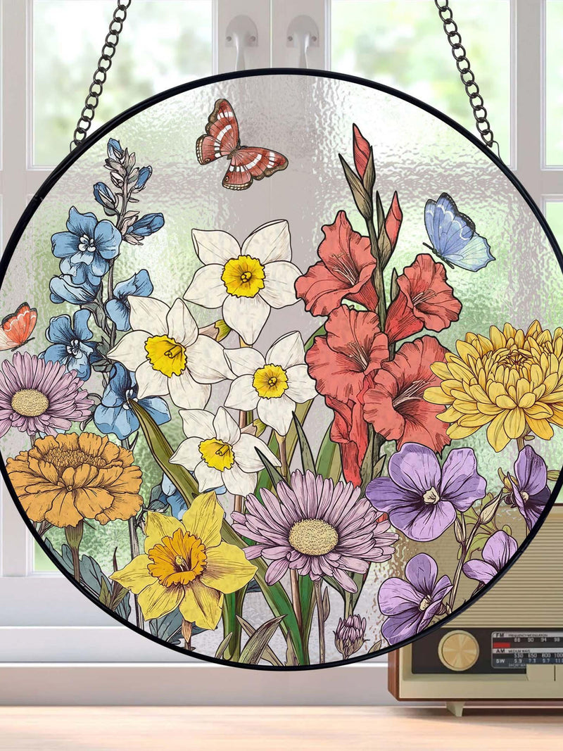 Custom Family Birth Flowers Stained Glass Suncatcher, Personalized Mom's Garden Gift, Birth Month Flower Glass Art Gift, Mother's Day Gift birthday flower