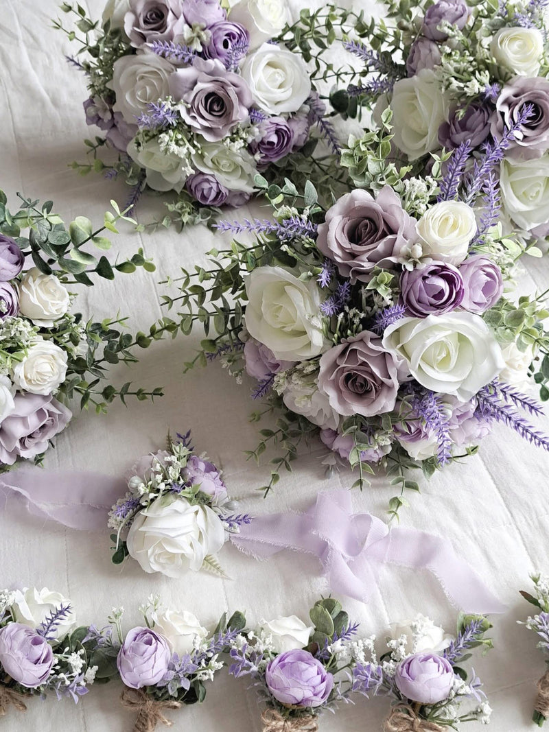 Lilac & White Bridal Bouquet- eucalyptus/lavender/gypsophila wedding flower