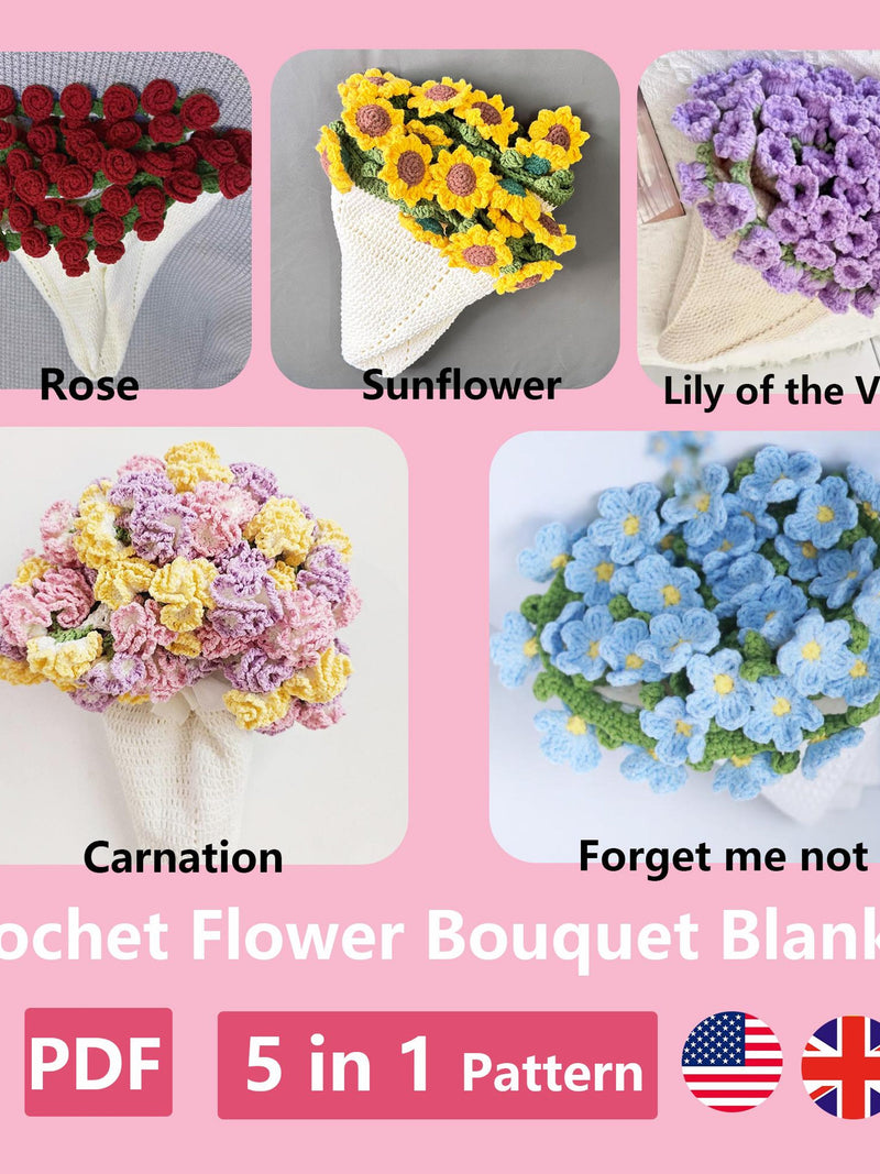 5 in 1 Bouquet Blanket Patterns PDF,Crochet Sunflower/Rose/Carnation/Forget me not/Lily of the Valley Bouquet Blanket,Easy Crochet Patterns ANNIVERSARY