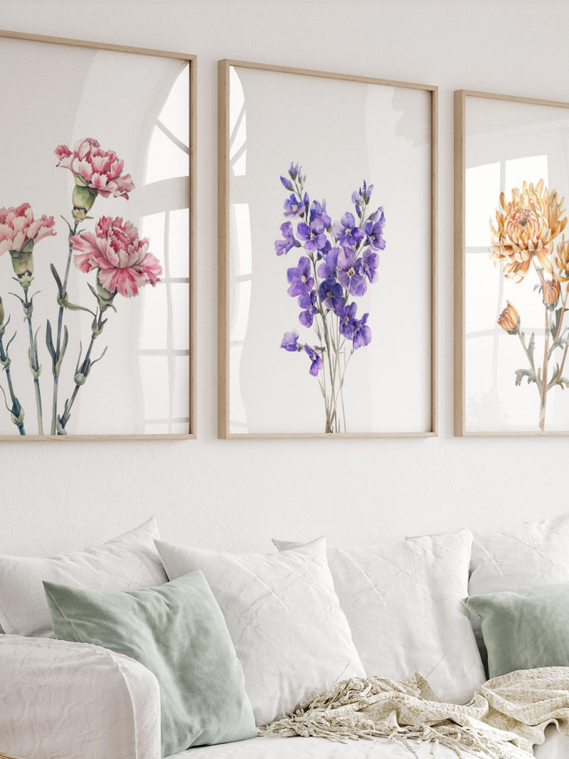 Family Birth Flower Set of 3, Birth Month Flower Print, Modern Wildflowers Home Decor, Custom Flower Wall Art, Birthflower Personalized Gift house warming flower