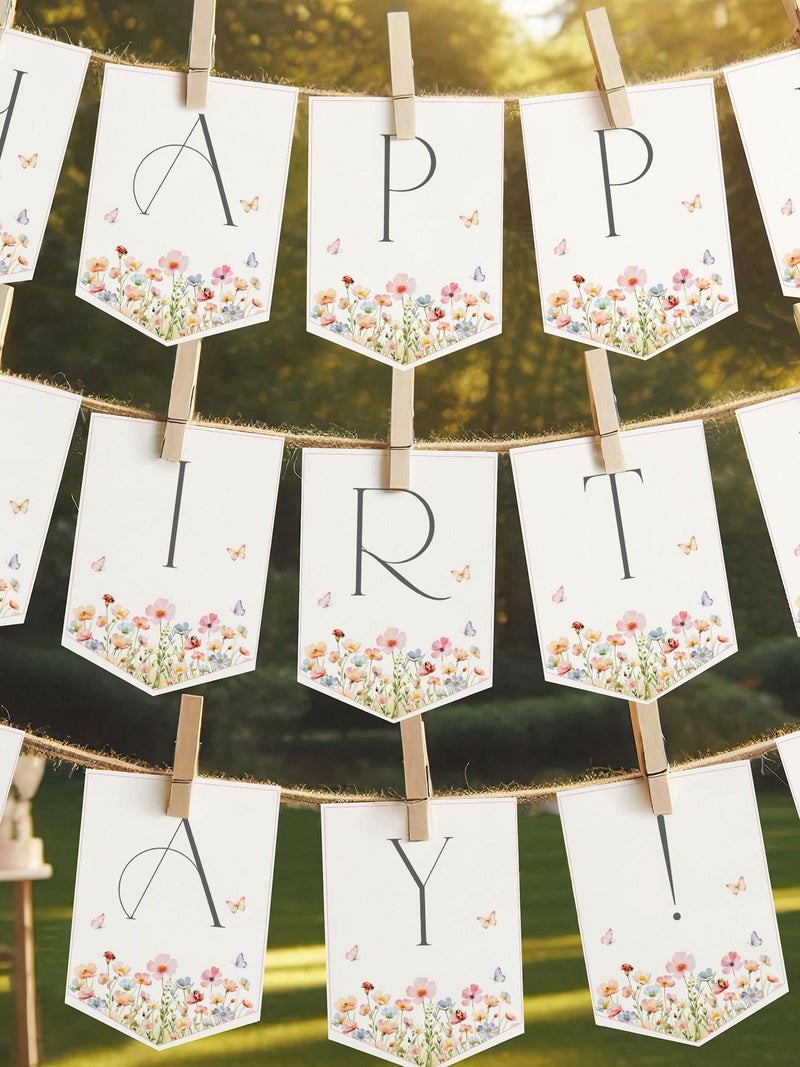 Wildflower Birthday Banner Wild One Birthday Party Decor Wild Flower Bunting Flag Spring Flowers Pink Purple Floral Butterfly EDITABLE AT69P birthday flower