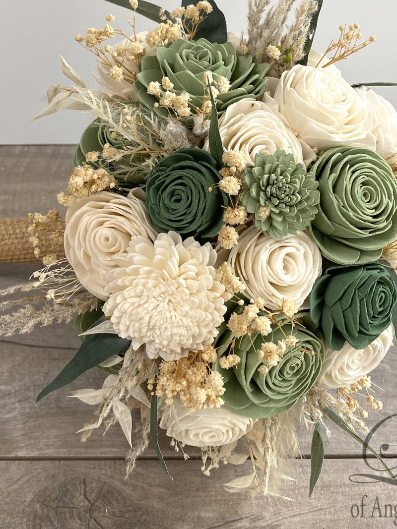 Wedding Bouquet, Bridal Bouquet, Sola Flower, Wedding Flower, Wooden Flower, Green, Sage, Eucalyptus, Corsage, Rustic, Boho, Lily of Angeles wedding flower