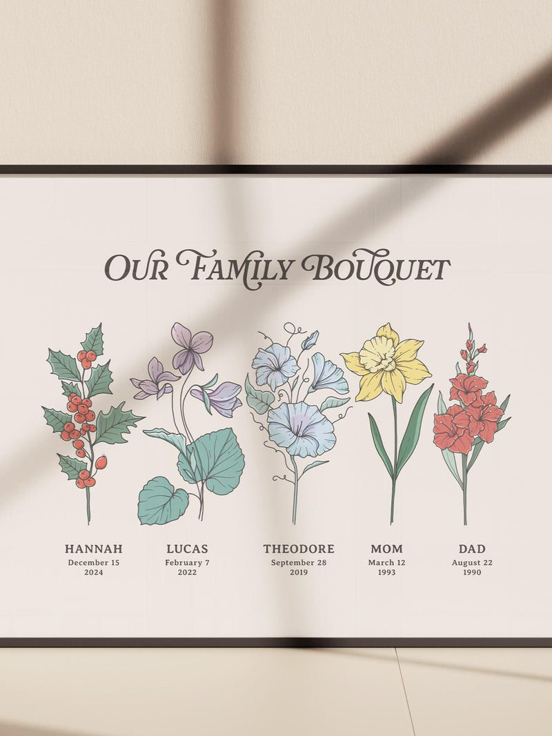 Personalized Birth Flower Family Bouquet Print: Framed Watercolor Wall Art birthday flower