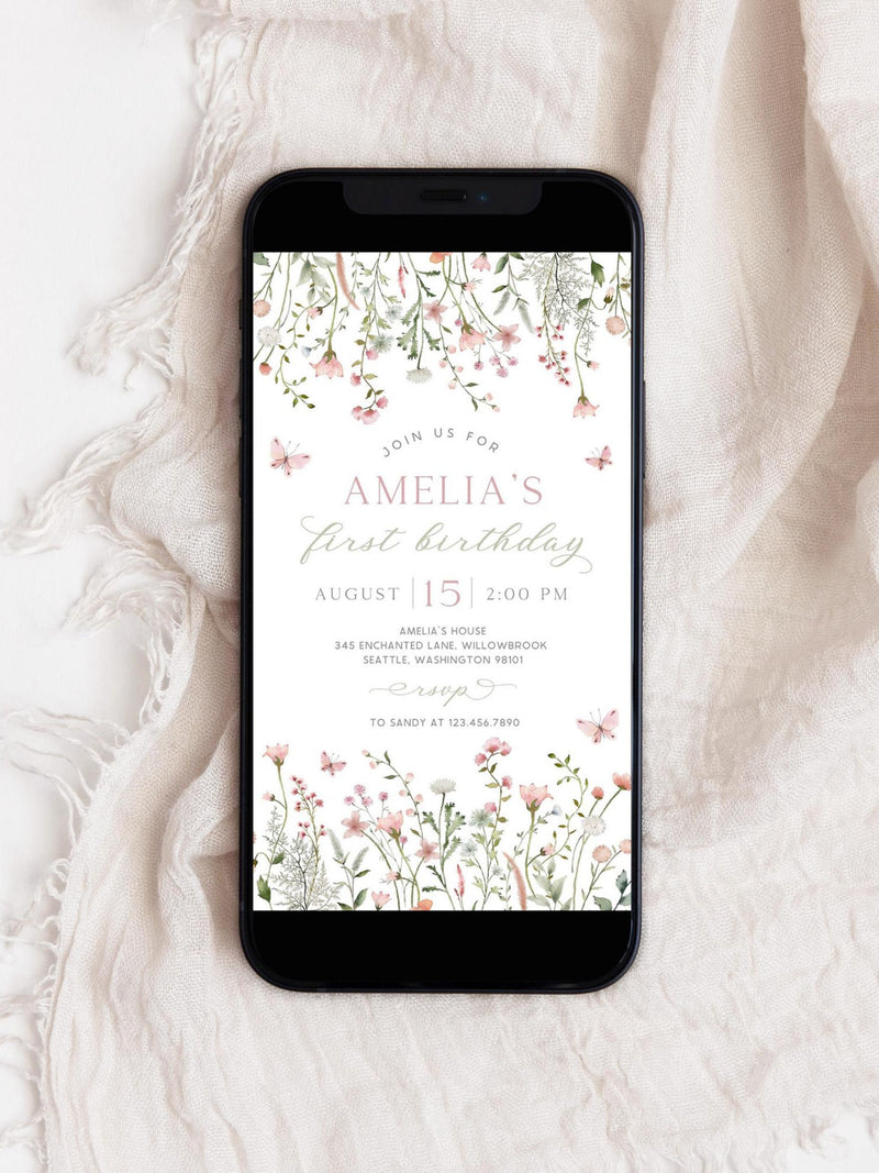 Wildflower 1st Birthday Mobile Invitation | Floral Birthday Phone Invite | Little Wildflower Birthday Evite | Flower Birthday Invite | BD8 birthday flower