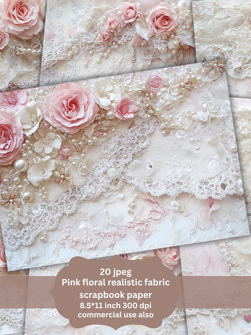 Pink fabric Lace Shabby rose white pearls flower junk journal pages roses scrapbook paper printable pack digital bundle  Victorian romance Love Romance Flower