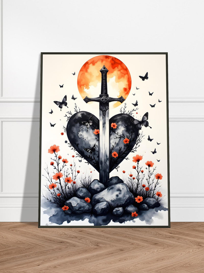 Sword Through Heart with Butterflies Ð Metal Framed Japanese Gothic Art Print, Floral Love and War Fantasy Decor Love Romance Flower