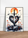 Sword Through Heart with Butterflies Ð Metal Framed Japanese Gothic Art Print, Floral Love and War Fantasy Decor Love Romance Flower