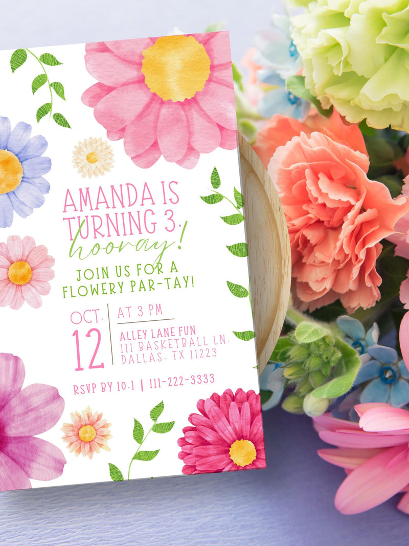 Floral Girl Birthday Invitation | Girl Birthday Evite | Colorful Pastel Daisies | Editable Template (Digital File) | Canva 5x7 birthday flower