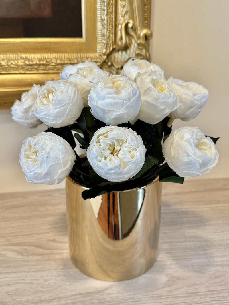 SALE!!! Ecuadorian Preserved Peonies: Gold Ceramic Vase Arrangement FLOWER DELIVERY