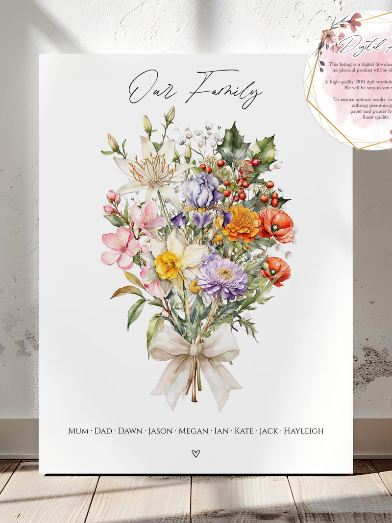 Personalised birth flowers bouquet print with multicolor floral artwork and family names