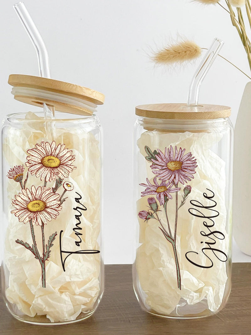 Personalized Birth Flower Tumbler With Name, Birth Flower Glass, Coffee Cup, Mothers Day, Bridesmaid Proposal, Party Favor, Gifts for Her birthday flower