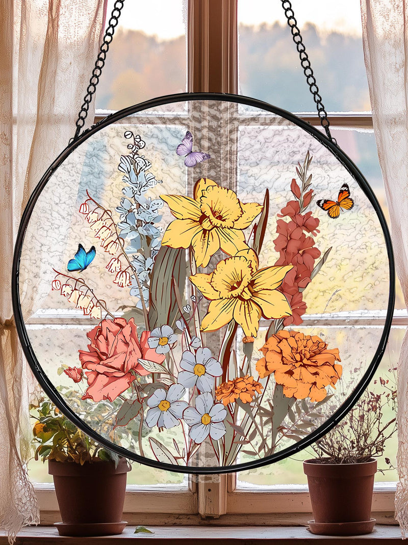 Personalized Birth Flower Glass Suncatcher: Grandma's Garden Decor birthday flower