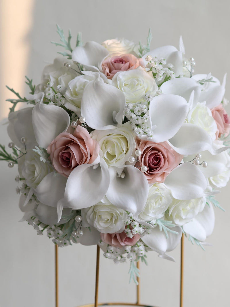 Faux Ivory and Dusty pink Real Touch Roses Bridal Bouquet, Calla Lily Wedding Bouquets, Cream Boutonnieres, Wrist corsage, Bridesmaids Bouquet