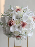Faux Ivory and Dusty pink Real Touch Roses Bridal Bouquet, Calla Lily Wedding Bouquets, Cream Boutonnieres, Wrist corsage, Bridesmaids Bouquet