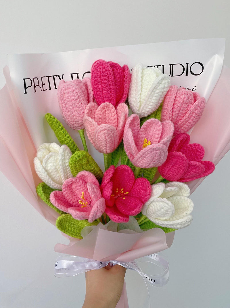 Crochet Tulip Flowers Bouquet,Finished Knit Tulip Lily Rose Flowers,Birthday,Anniversary,Congratulations Gift for Girlfriend,Mom,Dad,Sister sympathy flower