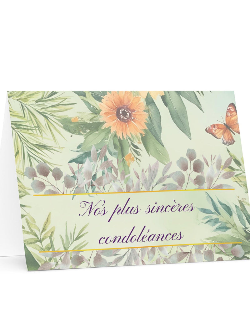 Nos plus sinc�res condolŽances French Sympathy Card, Watercolor Garden stationery for grieving, Butterfly Condolences for funerals, loss sympathy flower